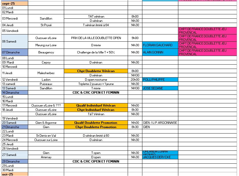 CALENDRIERS 2025 club Pétanque Comité du Loiret Pétanque Clubeo