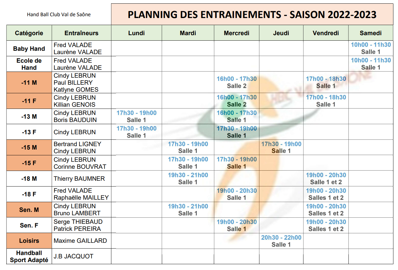 HORAIRES ENTRAINEMENTS 2022/2023 - Club Handball HBC VAL DE SAONE - Clubeo