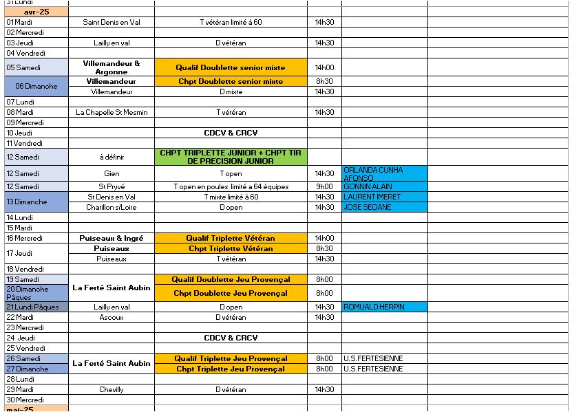 CALENDRIERS 2025 club Pétanque Comité du Loiret Pétanque Clubeo