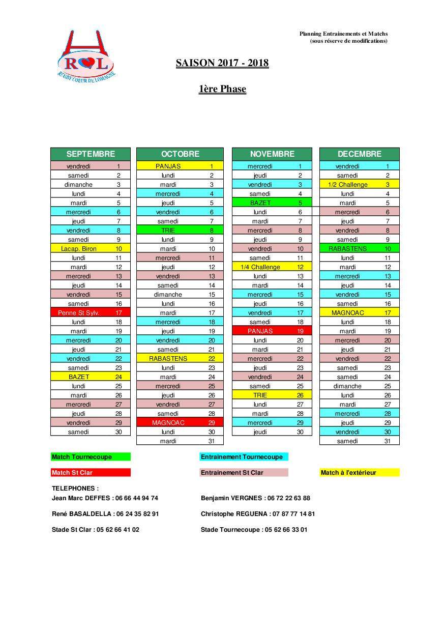 Actualité - Calendrier RCL 1ère phase 2017-2018 - club Rugby RUGBY